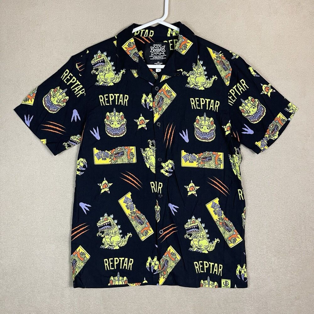 Rugrats Shirt Mens Small Black Reptar Hawaiian Short Sleeve Nickelodeon Adult